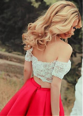 Tulle & Satin Off-the-shoulder A-line Two-piece Prom Dresses With Lace Appliques