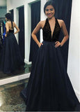 Satin Halter Lace Appliques Floor-length A-line Prom Dress