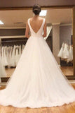 White Tulle Backless V Neck Beach Boho Wedding Dress