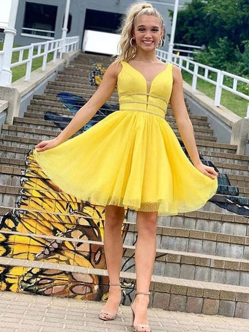 A Line V Neck Yellow Short Cute Homecoming Dresses with Thin Belt