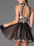 Black Halter Two Piece Prom Dresss