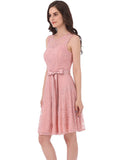 Pink Floral Lace Dress Short Bridesmaid Dresses with Sheer Neckline
