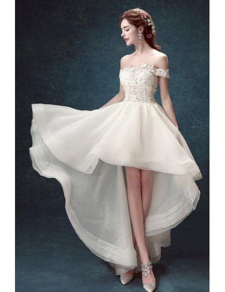 short at front long at back wedding dress 2021 Off-the-shoulder Lace Up High Low Ruffles Tulle Wedding Dress US2 / As the picture
