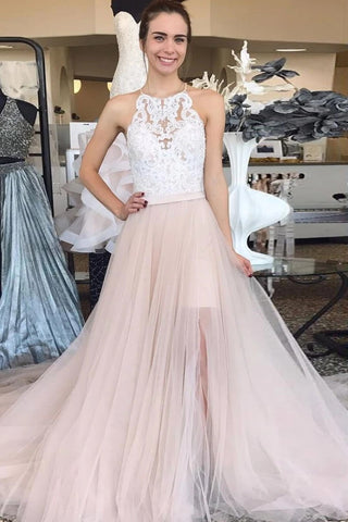 White Appliques Tulle High Low Champagne Halter Prom Dress