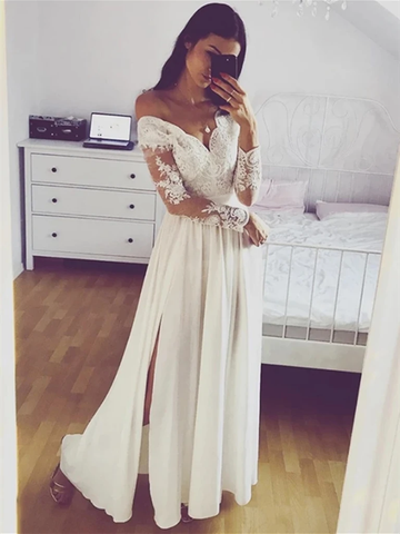 A Line Long Sleeves Lace White Prom Dress with Split
