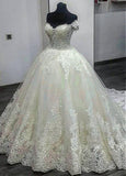 Tulle Off-the-shoulder Neckline Ball Gown Wedding Dress With Beaded Lace Appliques