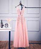 Pink V Neck Tulle Lace Applique Long Prom Dress
