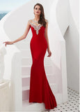 Tulle & Satin Jewel Red Beading Mermaid Evening Dress