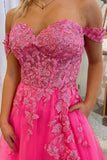 Pink Off The Shoulder Appliques Tulle Beading Prom Dress