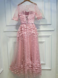  Scoop Lace Half Sleeves Sashes A-Line Floor-Length Evening Dress