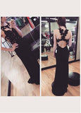 Black Backless Tulle & Chiffon Scoop Neckline Sheath Evening Dresses With Lace Appliques