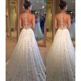 Delicate A-line Wedding Dress - Lace Sequined Jewel Sweep Train Illusion Back