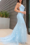 Appliques Cross Criss Backless Ice Blue Lace Prom Dress