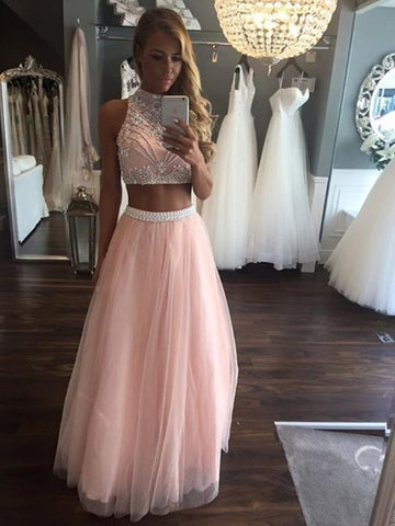 High Neck Two Pieces Beading Tulle Long Pink A Line Prom Dress