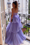 Spaghetti Straps Backless Ruffles Purple Prom Dress