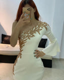 White One Shoulder Beading Satin Long Sleeve Tea Length Cocktail Dress