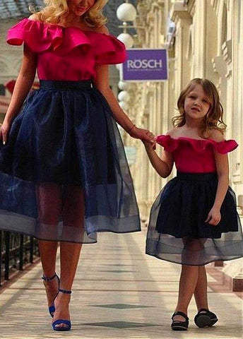 Organza & Satin Off-the-shoulder Neckline Tea-length A-line Mother and Daughter Dress With Ruffles