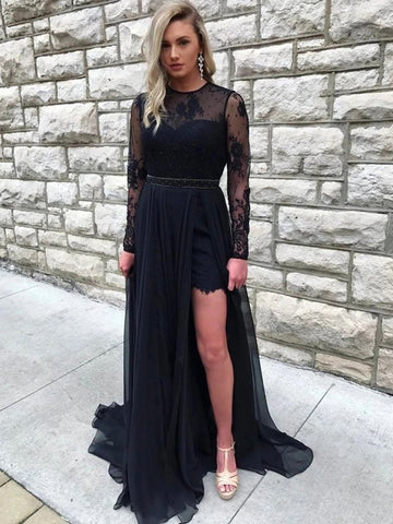 Open Back Lace Black Round Neck Long Sleeves Prom Dress with Slit