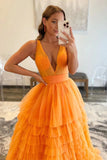 Orange Tulle Ruffles A Line V Neck Prom Dress