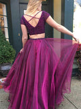 Fuchsia Short Sleeve Beading Tulle Two Piece Dresses