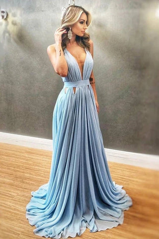 Pleats V Neck Floor Length Blue Spandex Cut Out Prom Dress
