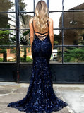 Navy Blue Backless Mermaid Spaghetti Straps Tulle Appliques Prom Dress