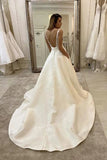 A-line Satin V-neck Wedding Dress With Lace Appliques