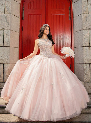 Ball Gown Bateau Pink Tulle Quinceanera Dress with Beading