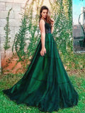 Dark Green Tulle Straps Appliques See Through Prom Dress