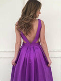  V-neck Purple Ruffles Satin Prom Dresses