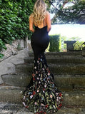 Mermaid Spaghetti Straps Black Prom Dress with Embroidery