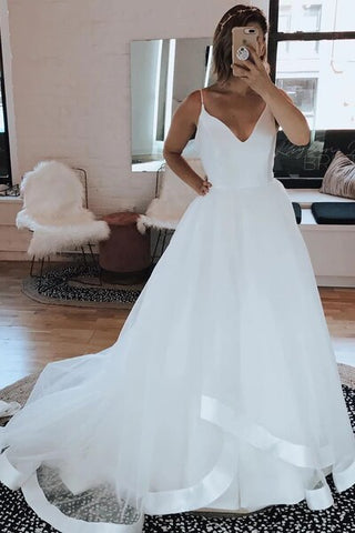 Long Ruffled Sexy Spaghetti Straps White Wedding Dress