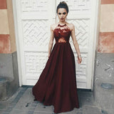 Halter Backless Burgundy Satin Prom Dress with Appliques
