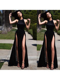 Black Scoop A-Line Sequins Split-Front Floor-Length Evening Dress