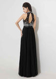 Sparkling Chiffon High Collar Neckline A-line Prom Dresses With Beadings & Rhinestones