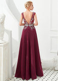 Burgundy Beautiful Tulle V-neck A-line Formal & Evening Dress
