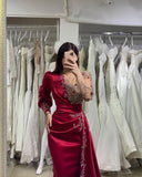 Wine Red Long Sleeve V Neck Beading Ruched Prom Dress