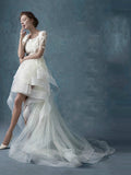 Asymmetry High Low Tulle Short Sleeves Lace Beach Wedding Dress