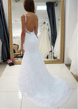 Tulle & Lace Spaghetti Straps Long Backless Mermaid Wedding Dress