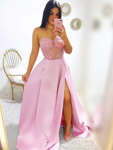 A-Line Pink Satin Lace Sweetheart Sexy Prom Dress With Side Split