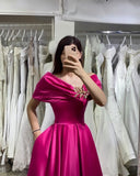 Fuchsia Off The Shoulder Satin Long Sexy Prom Formal Dress With Pocket