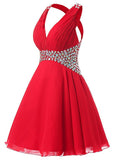 Red Fashionable Chiffon V-Neck A-Line Short Homecoming Dresses With Rhinestones
