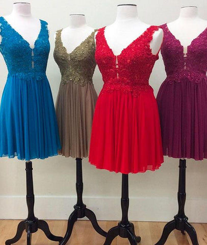 All Color A-Line V Neck Lace Chiffon Short Prom Dress
