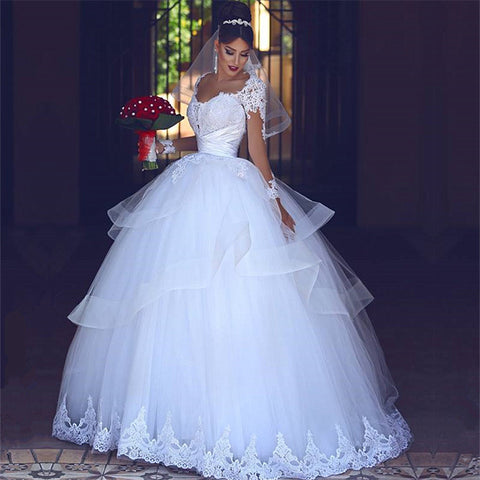 Long Sleeves Sheer Lace Tulle Puffy Tulle Ball Gown Wedding Dress ...