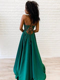 A Line V Neck Backless Lace Green Prom Dresses with Split