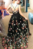 Deep V-neck A-Line Black V-neck Backless Embroidery Flower Prom Dress