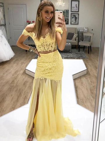 Two Pieces Off Shoulder Mermaid Lace Yellow Prom Dress with Slit