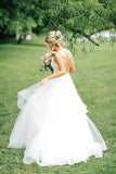 V-neckline Lace Ruffles Appliques Tulle A Line Wedding Dress