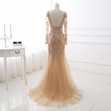 Mermaid Tulle Backless Long Sleeves Gold Evening Dress