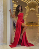 One Shoulder Red Satin A Line Long Sexy Prom Formal Dress